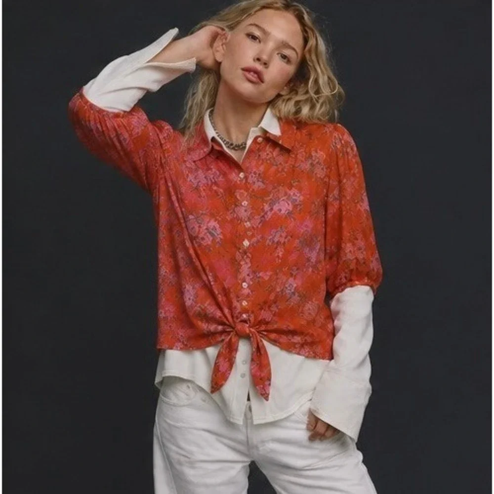 Free People Celia Floral Tie Front Button Blouse Burnt Orange Pink XS NWT